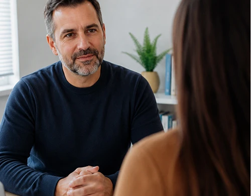 Man in navy sweater having a conversation with woman during therapy or counseling session in office setting - Gyno in San Antonio, TX
